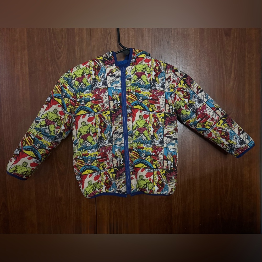 EUC Marvel Multicolour reversible Superhero Puffer Jacket